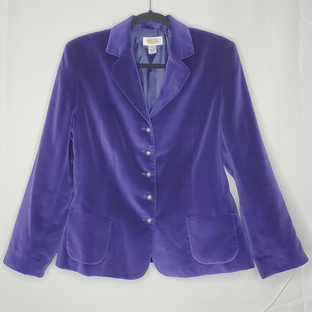 Talbots Silk Blend Velvet Blazer Size 14 Purple Button Front Lined Jacket Retro